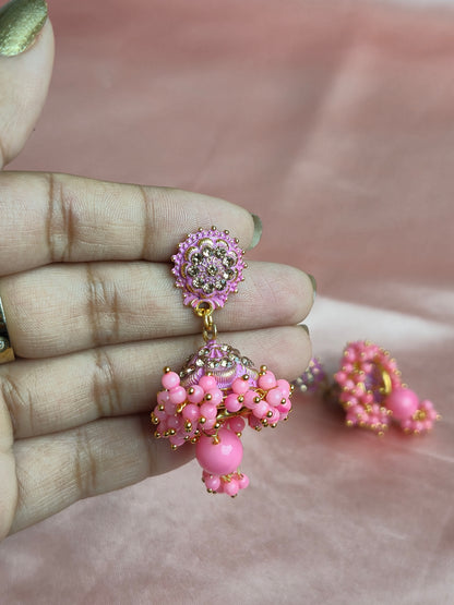 Crystal Stud Jhumka Earrings – Floral Stonework with Beaded Dangler