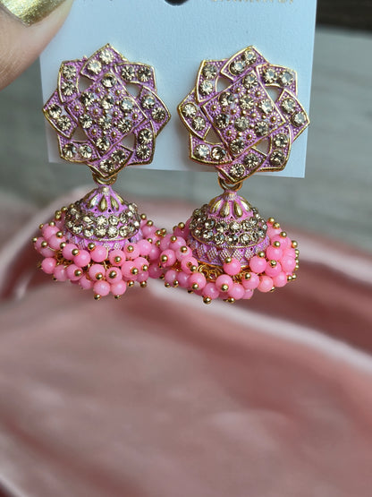 Pink Beaded Floral Jhumka – Modern Geometric Stud with Sparkling Stones