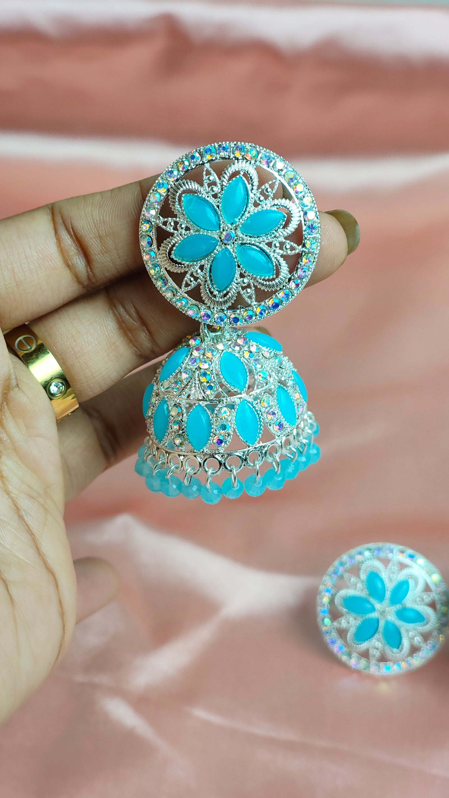Mint Floral Jhumka Earrings – Stone Studded Statement Jewelry for Ethnic Wear