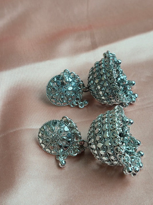 Antique Oxidized Silver Jhumka – Floral Stud with Traditional Dome Design