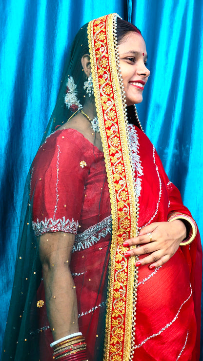 Elegant Net Peacock Green Dupatta with Red Zari Border – Perfect for Festive & Wedding Looks