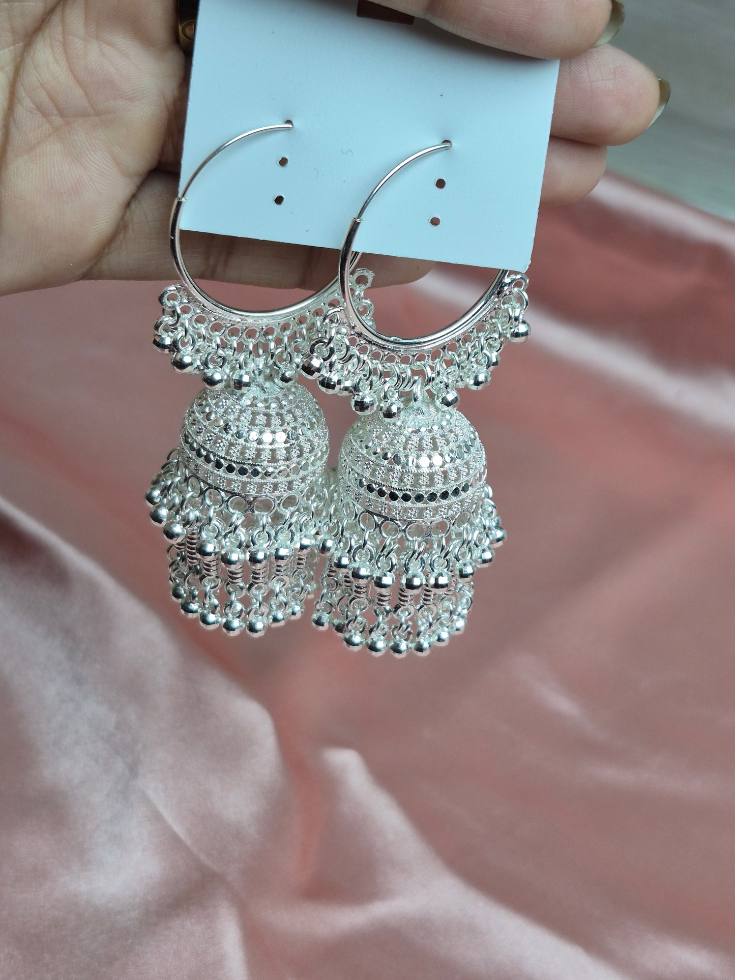 Silver Plated Hoop Jhumka – Layered Dome Design with Ghungroo Detailing