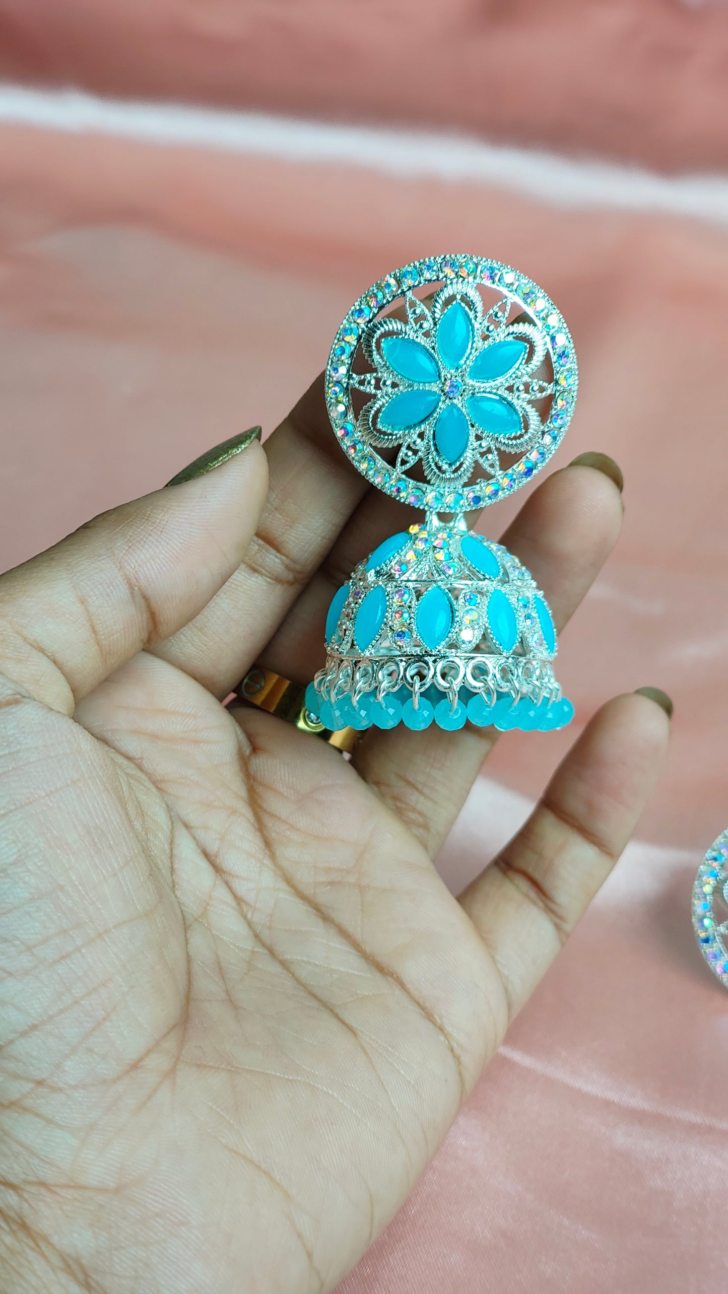 Mint Floral Jhumka Earrings – Stone Studded Statement Jewelry for Ethnic Wear