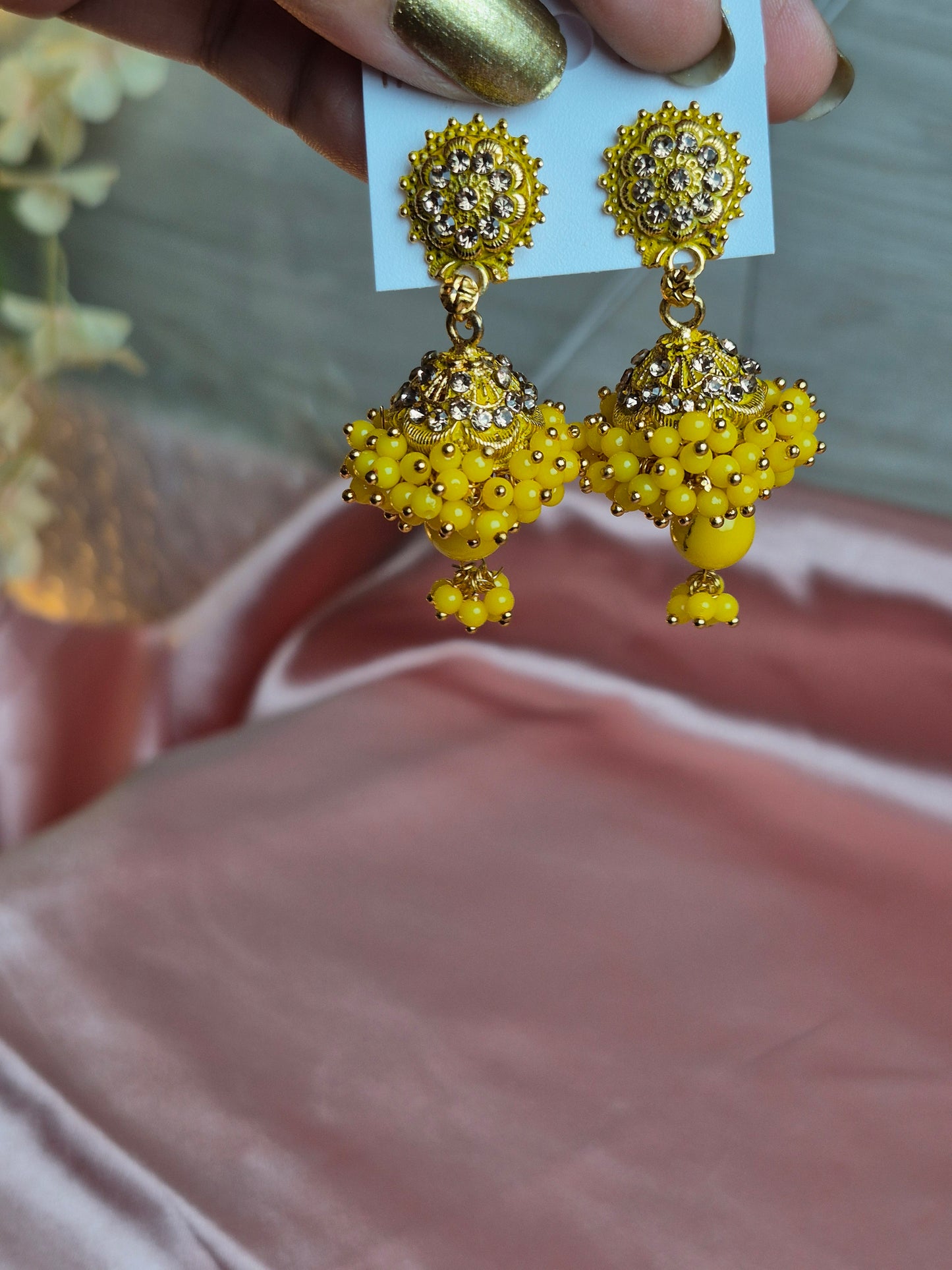 Crystal Stud Jhumka Earrings – Floral Stonework with Beaded Dangler