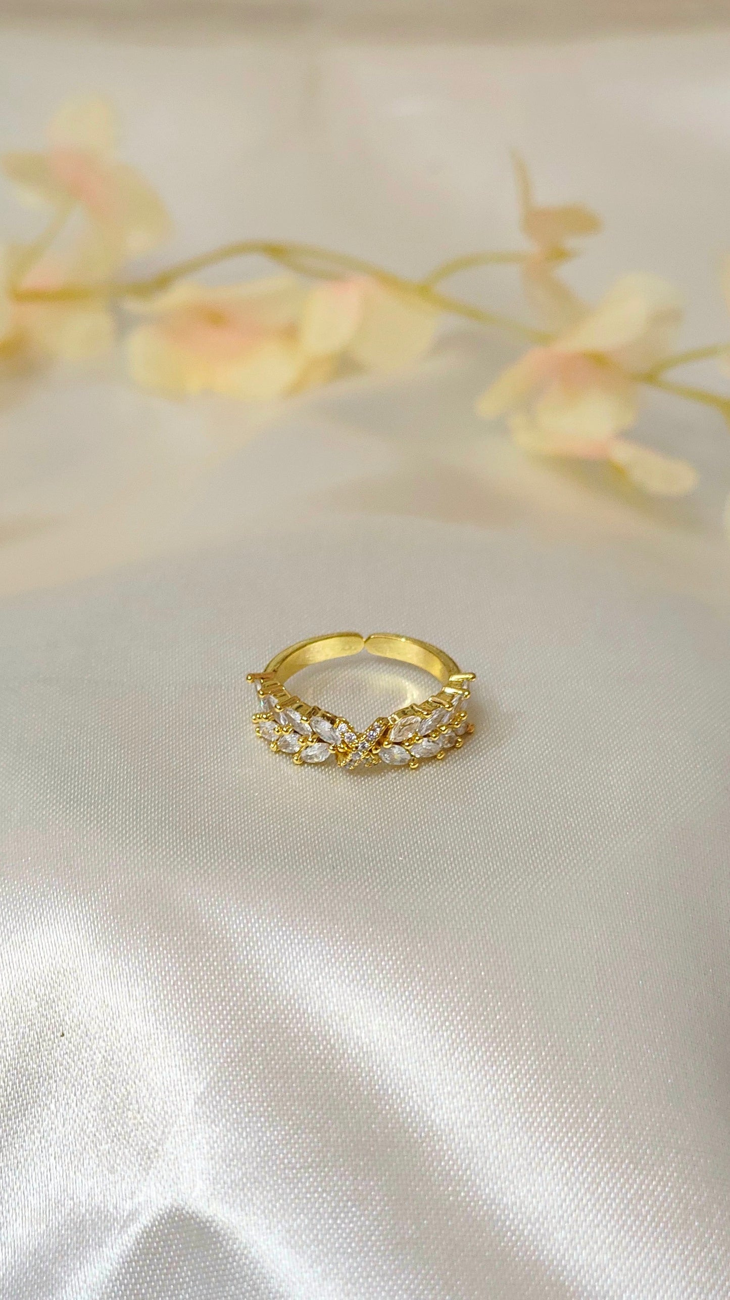 18K Gold-Plated Leaf CZ Adjustable Ring