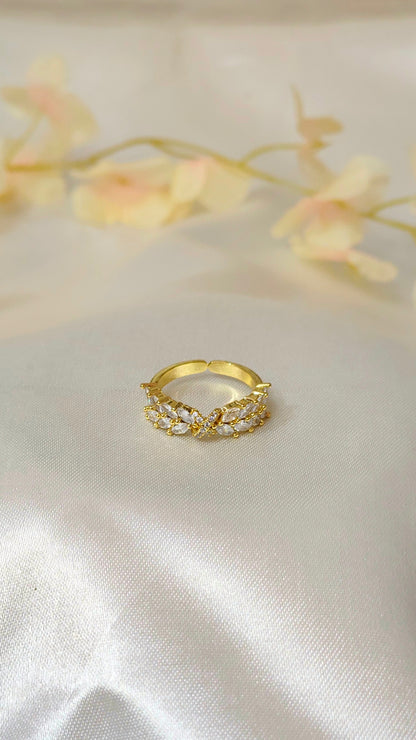 18K Gold-Plated Leaf CZ Adjustable Ring