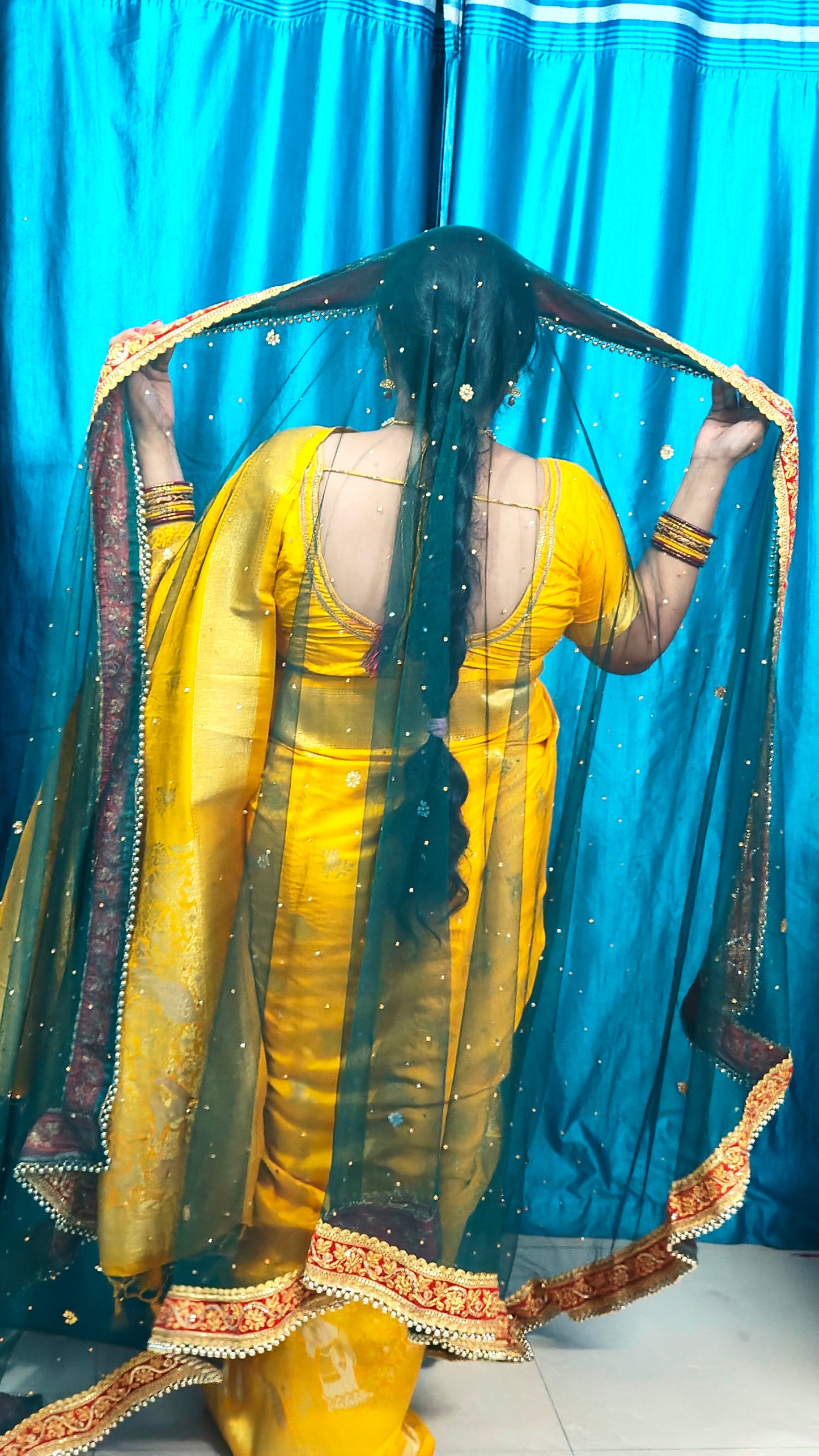 Elegant Net Peacock Green Dupatta with Red Zari Border – Perfect for Festive & Wedding Looks