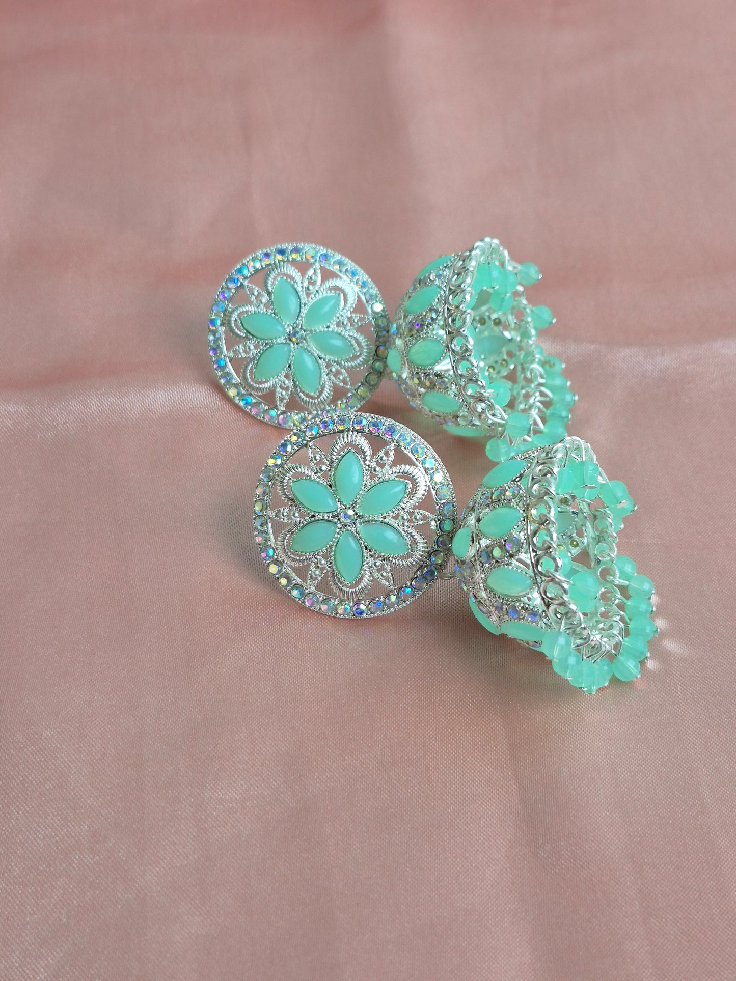 Mint Floral Jhumka Earrings – Stone Studded Statement Jewelry for Ethnic Wear