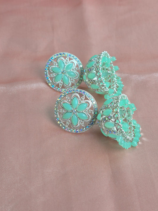 Mint Floral Jhumka Earrings – Stone Studded Statement Jewelry for Ethnic Wear