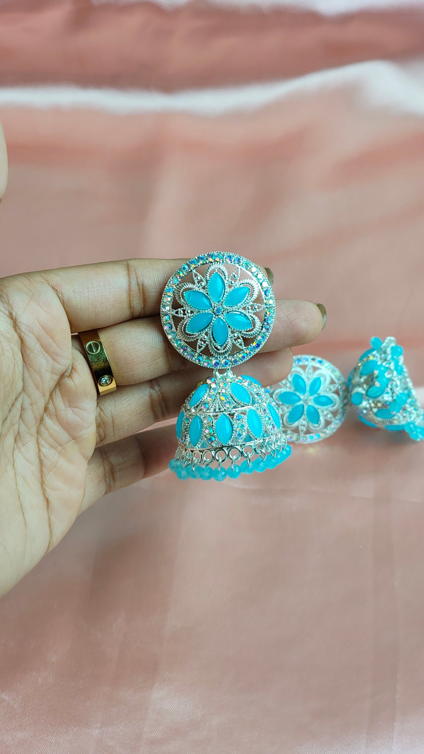 Mint Floral Jhumka Earrings – Stone Studded Statement Jewelry for Ethnic Wear