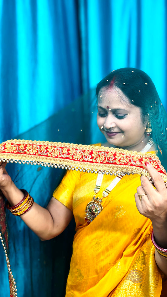 Elegant Net Peacock Green Dupatta with Red Zari Border – Perfect for Festive & Wedding Looks