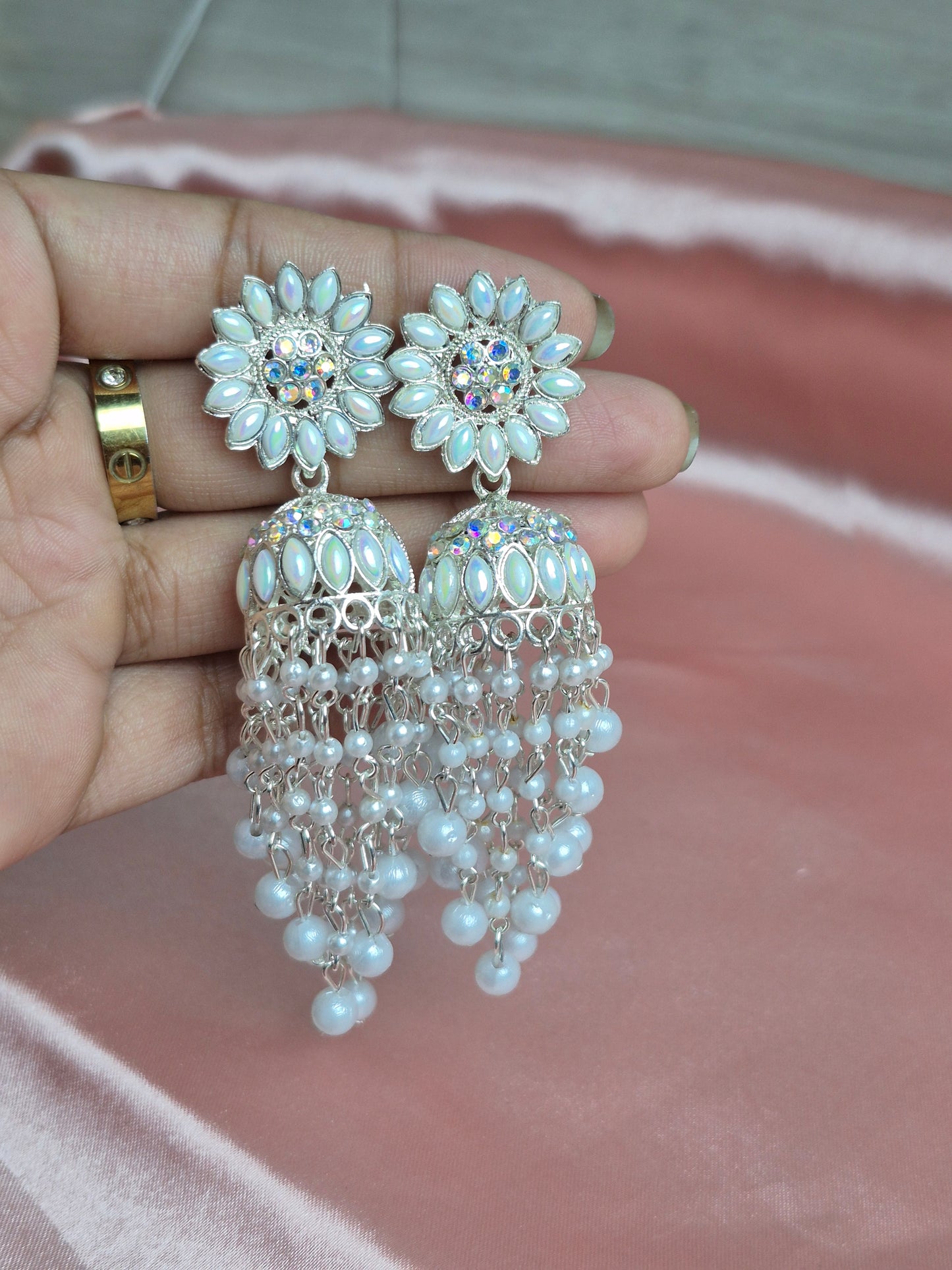 White Pearl Dangler Jhumka – Floral Studded Design with Crystal Embellishments