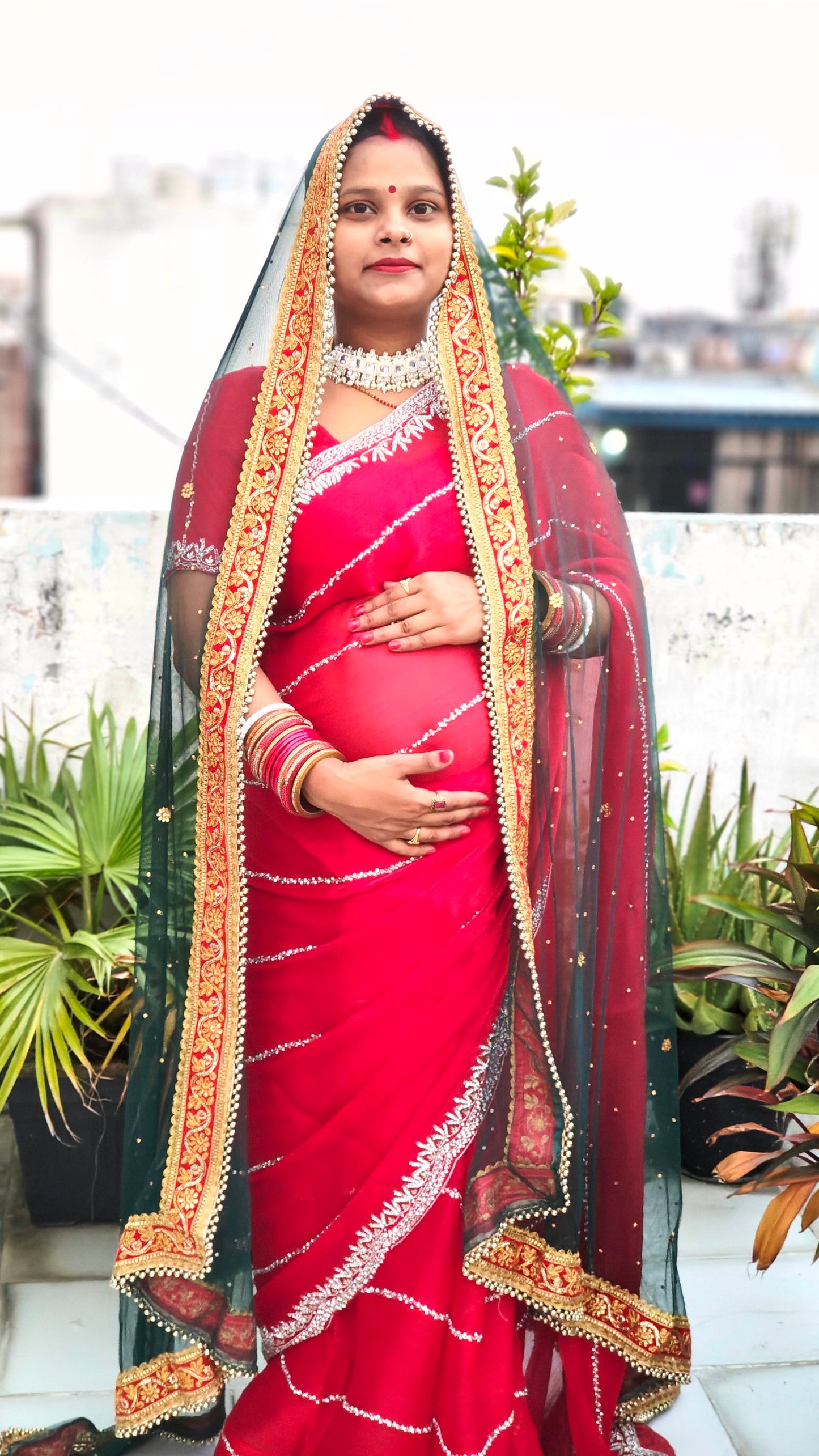 Elegant Net Peacock Green Dupatta with Red Zari Border – Perfect for Festive & Wedding Looks