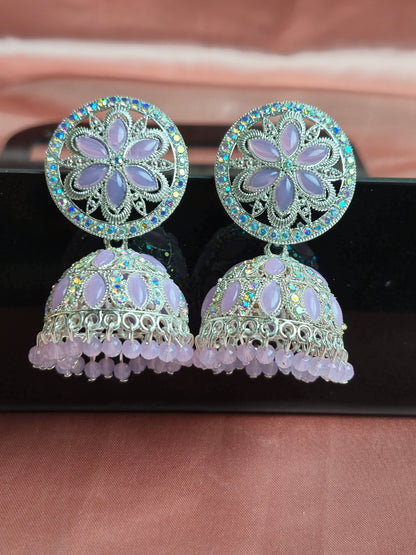 Mint Floral Jhumka Earrings – Stone Studded Statement Jewelry for Ethnic Wear