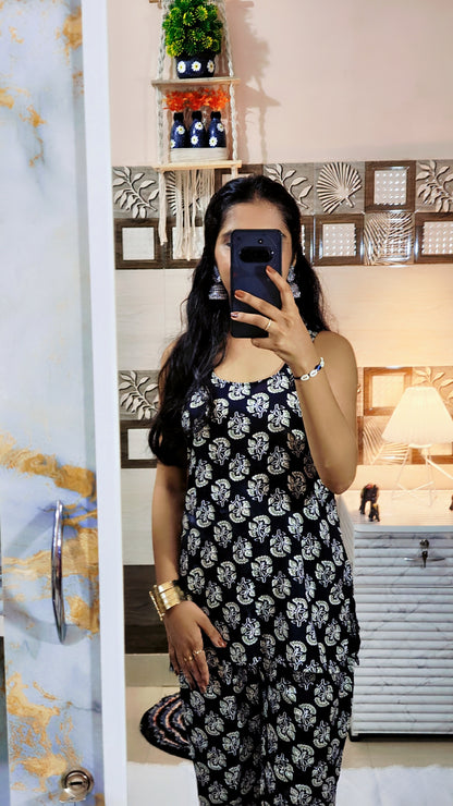 Black Floral Co-Ord Set - Women's Sleeveless Top & Pants
