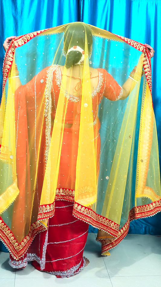 Golden Yellow Net Zari Embroidered Dupatta – Perfect for Bridal & Festive Styling
