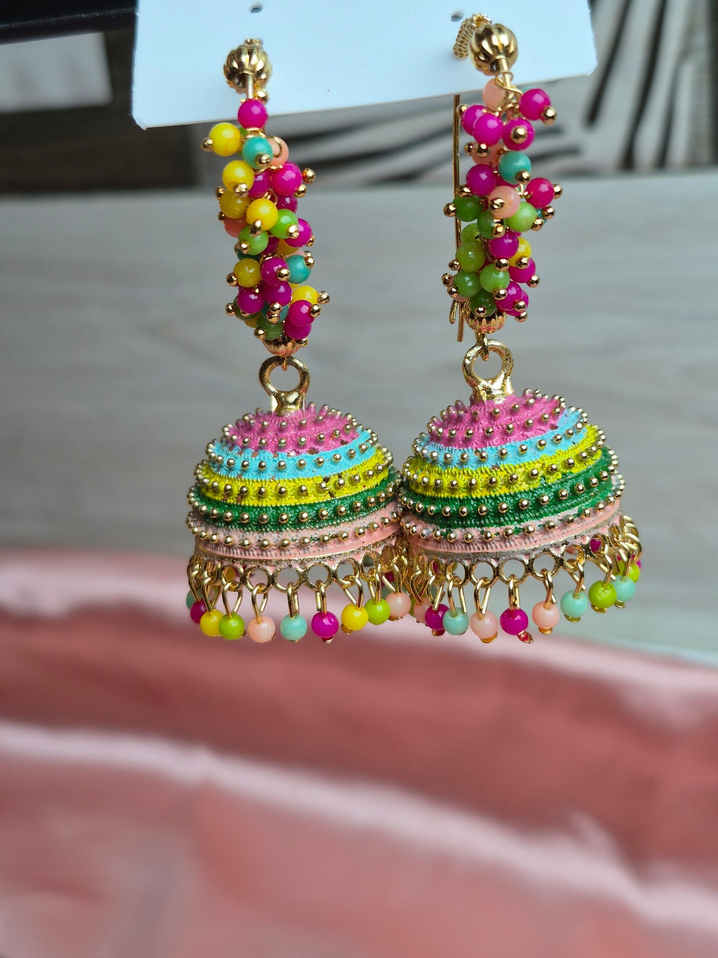Multicolor Beaded Pastel Jhumka Earrings – Vibrant Festival Dangler Jewelry