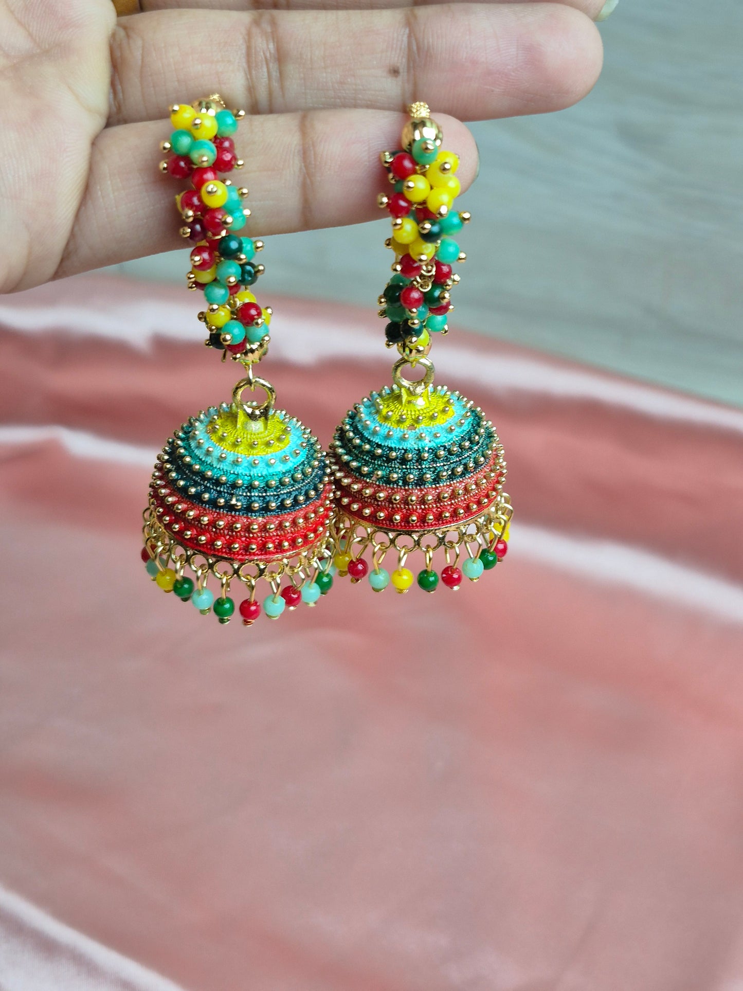 Multicolor Beaded Pastel Jhumka Earrings – Vibrant Festival Dangler Jewelry