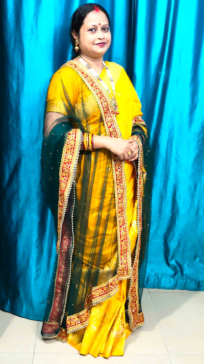 Elegant Net Peacock Green Dupatta with Red Zari Border – Perfect for Festive & Wedding Looks