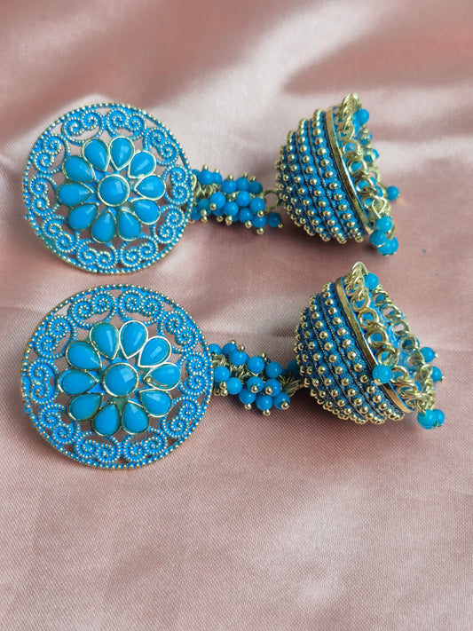 Blue Floral Meenakari Jhumka – Designer Beaded Statement for Ethnic Wear