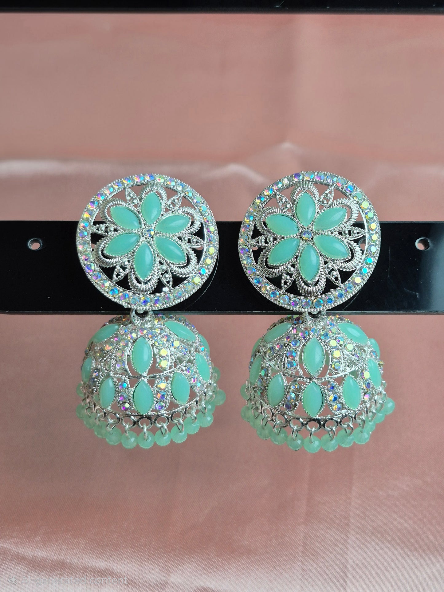 Mint Floral Jhumka Earrings – Stone Studded Statement Jewelry for Ethnic Wear