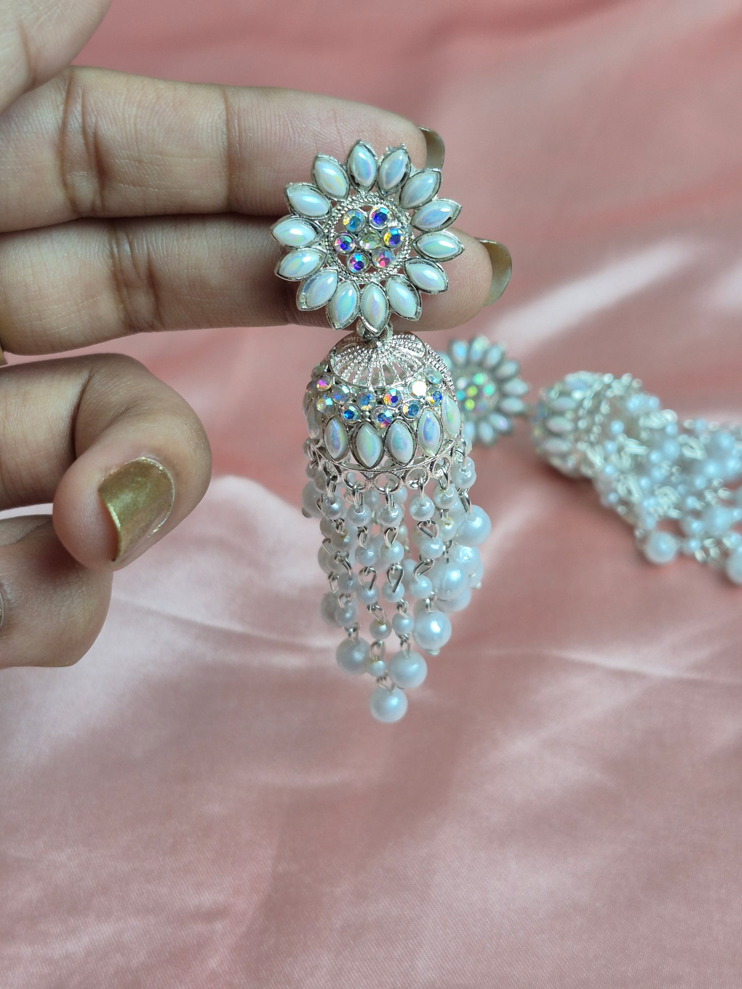 White Pearl Dangler Jhumka – Floral Studded Design with Crystal Embellishments