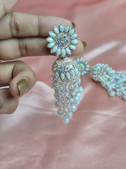 White Pearl Dangler Jhumka – Floral Studded Design with Crystal Embellishments