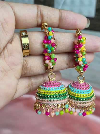 Multicolor Beaded Pastel Jhumka Earrings – Vibrant Festival Dangler Jewelry
