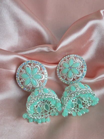 Mint Floral Jhumka Earrings – Stone Studded Statement Jewelry for Ethnic Wear