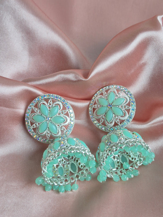 Mint Floral Jhumka Earrings – Stone Studded Statement Jewelry for Ethnic Wear