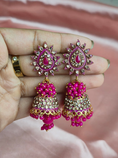 Pink and Gold Stone Jhumka – Floral Sunburst Stud with Traditional Dangler Beads