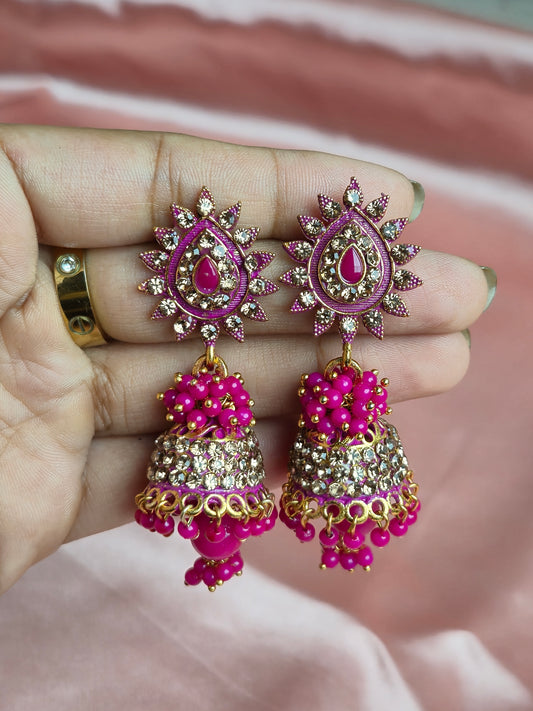 Pink and Gold Stone Jhumka – Floral Sunburst Stud with Traditional Dangler Beads