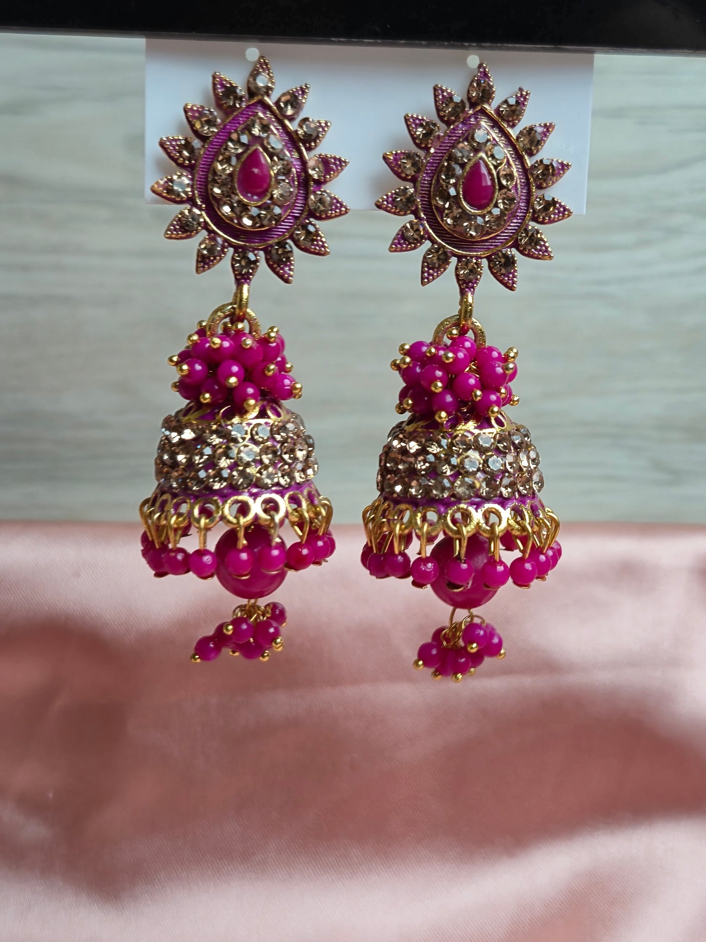 Pink and Gold Stone Jhumka – Floral Sunburst Stud with Traditional Dangler Beads
