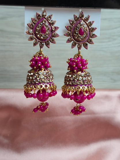 Pink and Gold Stone Jhumka – Floral Sunburst Stud with Traditional Dangler Beads