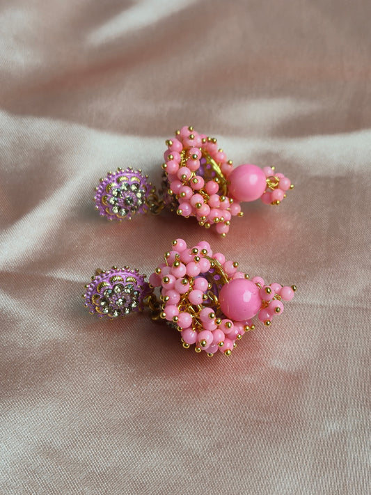 Crystal Stud Jhumka Earrings – Floral Stonework with Beaded Dangler