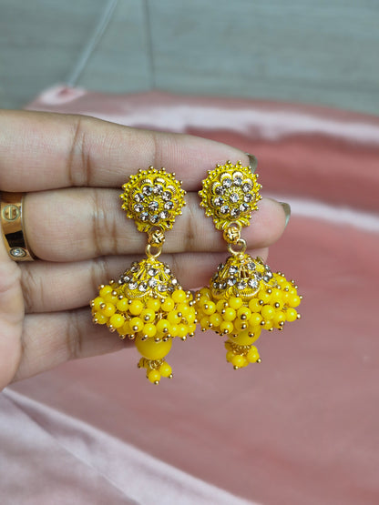 Crystal Stud Jhumka Earrings – Floral Stonework with Beaded Dangler
