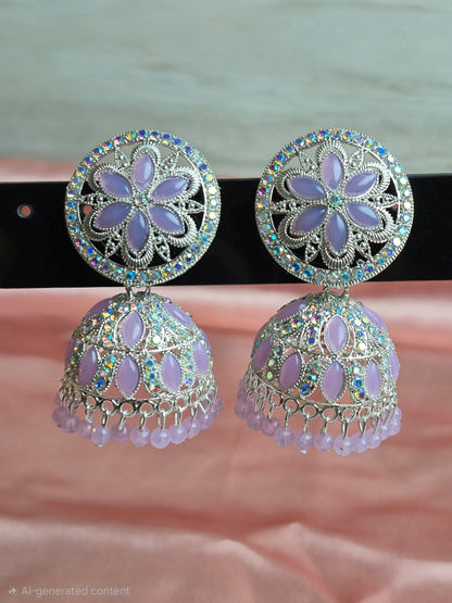Mint Floral Jhumka Earrings – Stone Studded Statement Jewelry for Ethnic Wear