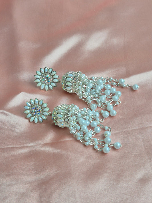 White Pearl Dangler Jhumka – Floral Studded Design with Crystal Embellishments