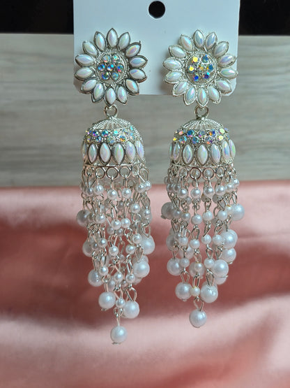 White Pearl Dangler Jhumka – Floral Studded Design with Crystal Embellishments